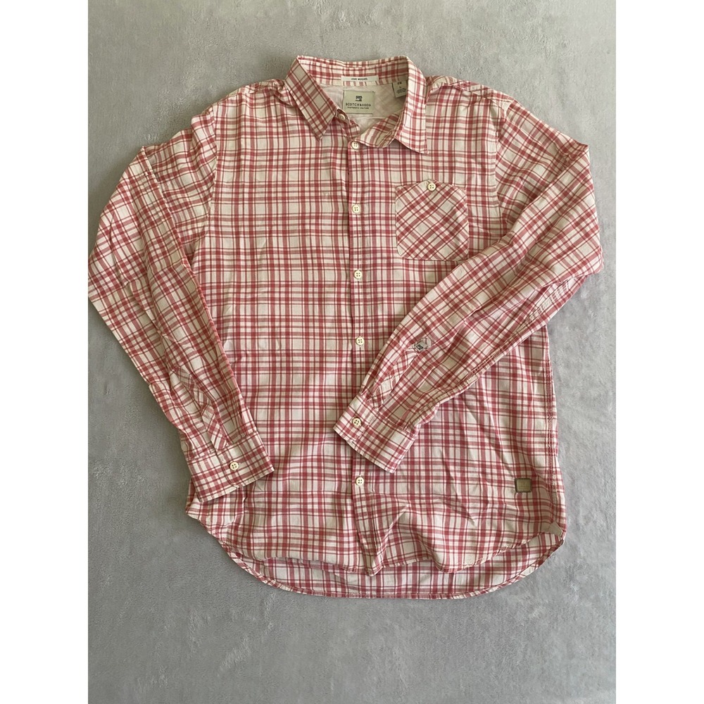 Scotch & Soda Shirt Mens Large Red Beige Plaid Cotton Logo Pleated Button Up
